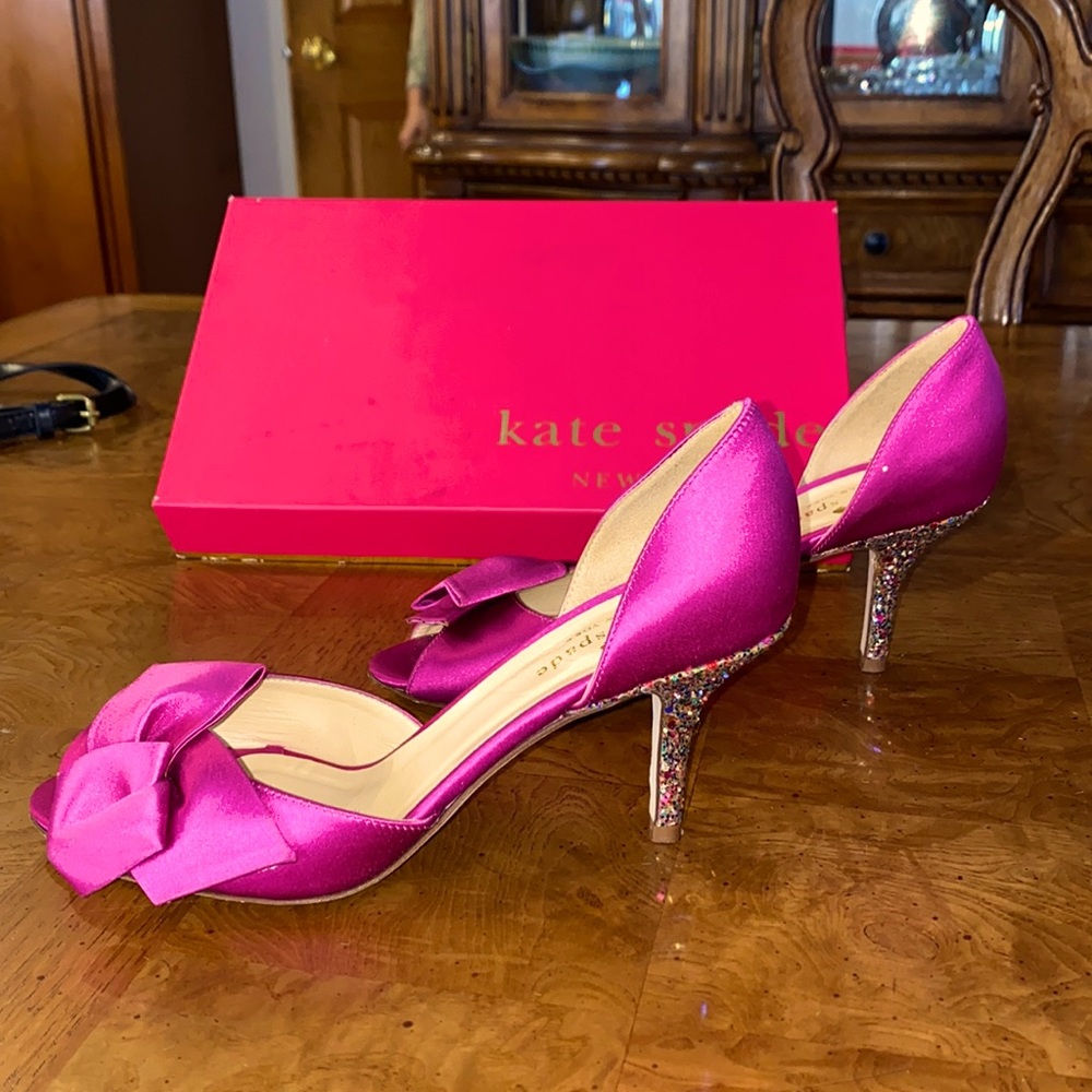 Kate Spade Sala Open Toe Heel, Fushia/ Satin/ Multi Glitter